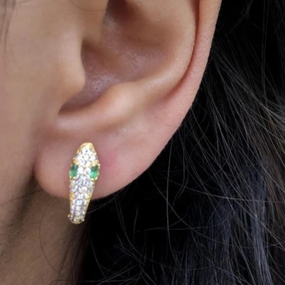 🐍Serpent Snake Hoop Stacking 925 Sterling Silver Yellow Gold Green Zircon Pave - Picture 4 of 16